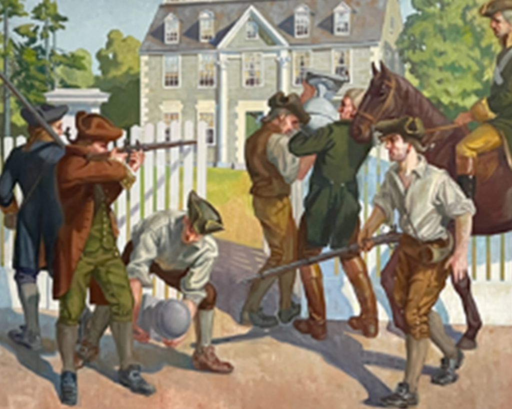 WPA mural of Colonials firing on the Hooper Danvers Home