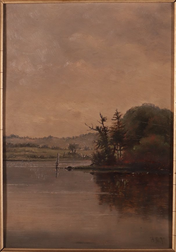 Framed oil painting on academy board; pond with wooded shoreline; signed lower right: HST; Title written in pencil on reverse.
